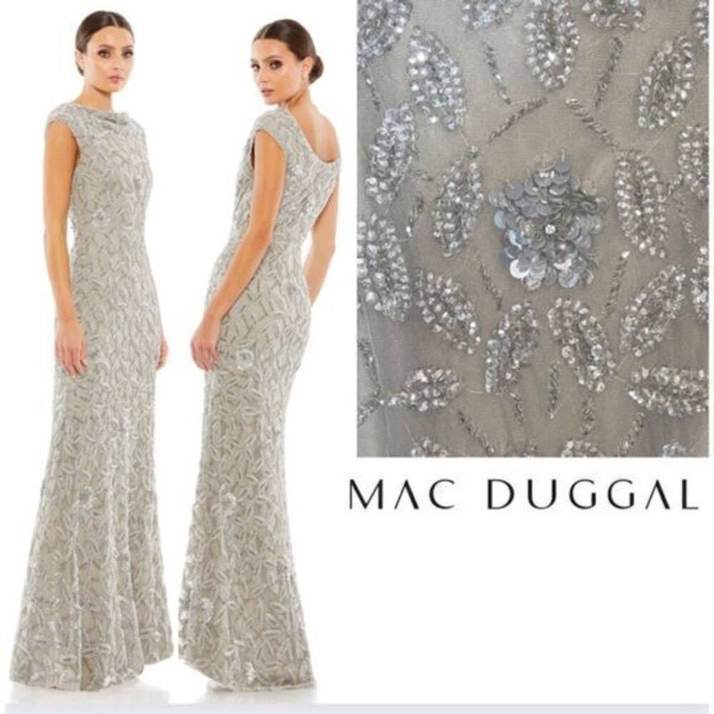 Mac Duggal 93537 Cowl Neckline Embellished Sequin Floral Dress Light Gray 8